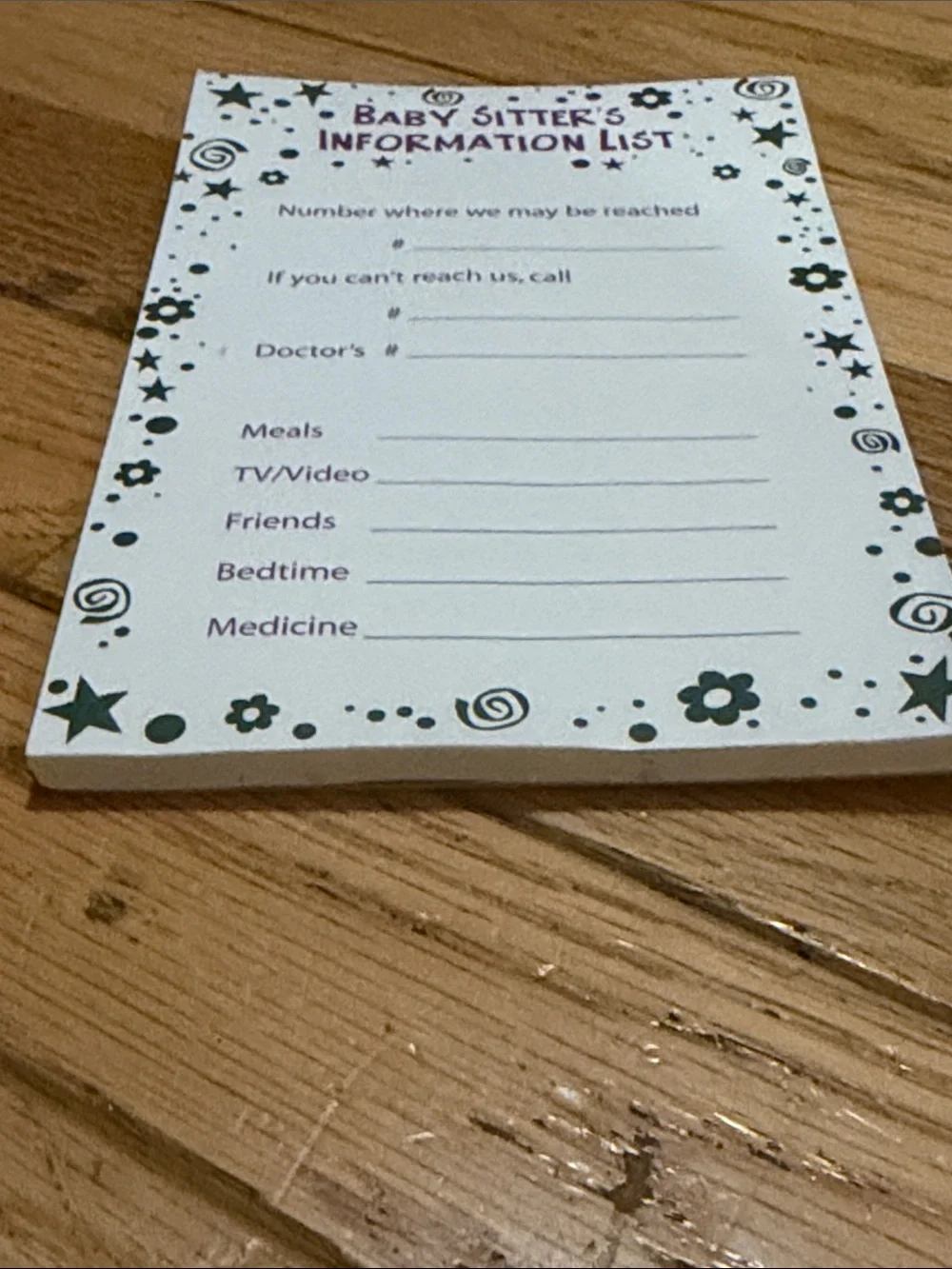 Baby Sitter's Information List Notepad - Purple & Gray